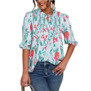 Michelle McDowell Floral Garden Cottagecore Blouse Smocked Top size XXL